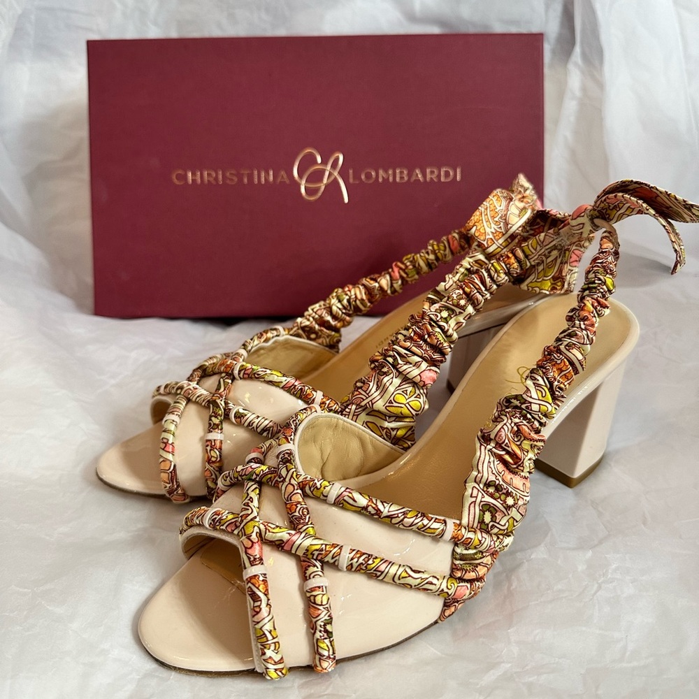 Christina Lombardi Patent Leather Valentina Sling back Sandals, Nude Silk, EU 39